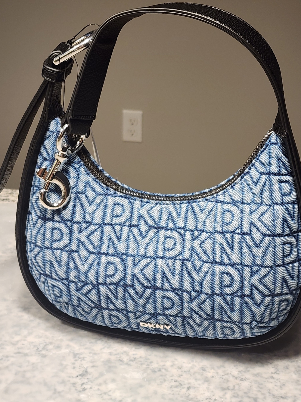 DKNY Blue Logo Quilted Mini Shoulder Bag with Black Trim
